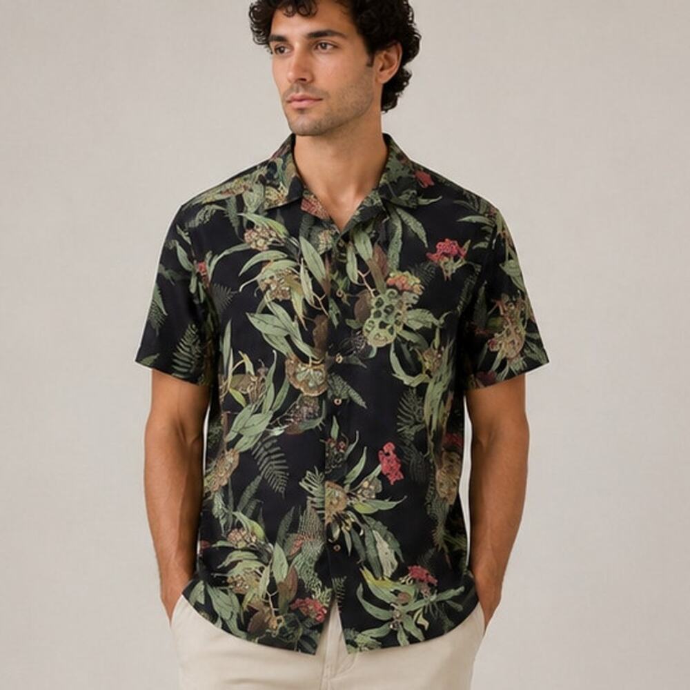 Roark Men's Black Floral Button Up Shirt XL Organic Cotton Linen Tropical Top